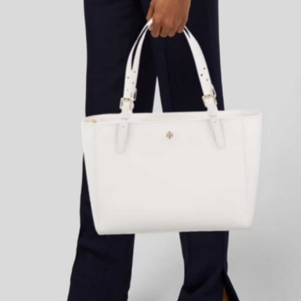 Tory Burch Emerson Small Saffiano Buckle Leather Tote, Color: New Ivory